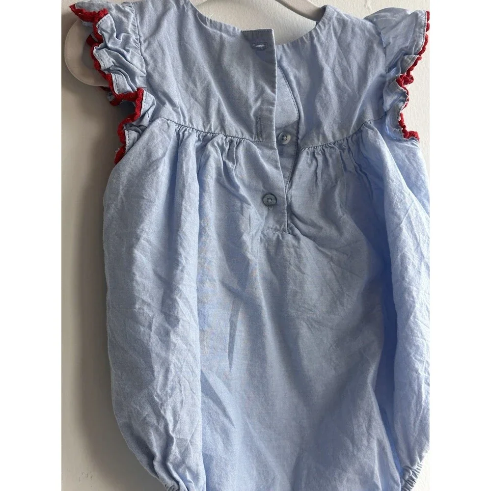 100% Cotton 24M Blue Floral Embroidered Romper Woven Sleeveless Ruffle Button
